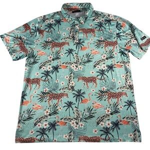 GreenSide Golf Mens XL Tropical Leopard Flamingo Palm Tree Print Polo Shirt